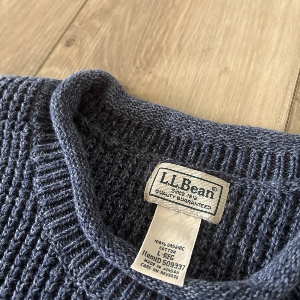 LL Bean Mens Large Organic Cotton Waffle Sweater Rollneck Crew Blue 509337 - Picture 3 of 6